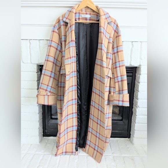Walk In Dark Plaid COTTON Blend Long Oversized Coat Double Breasted Size M - Picture 2 of 7